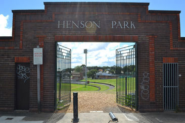 The Woodland Street entrance to Henson Park