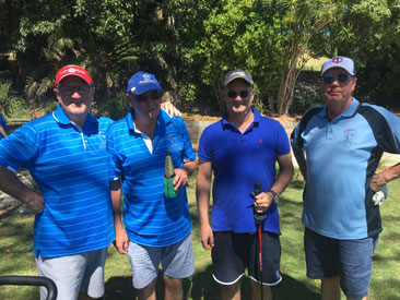 Dick Faldo (second from left) with a Crown Lager in hand and seemingly already on tilt before the 2017 match play semi-finals